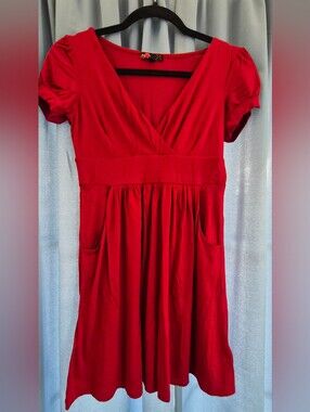 Forever 21 Vintage Tag Red Puff Sleeve Baby Doll Tunic Top with Pockets - Size S